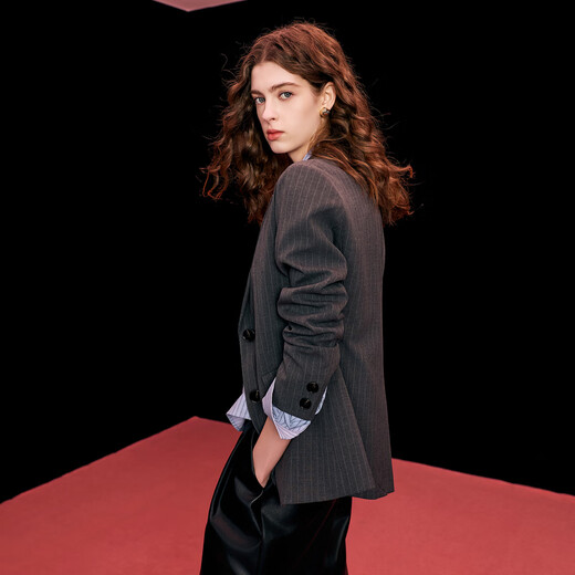 Sancai 2026 Spring New Striped Suit Jacket Shoulder Cardigan Commuting Simple Women Dark Gray S 155/80A