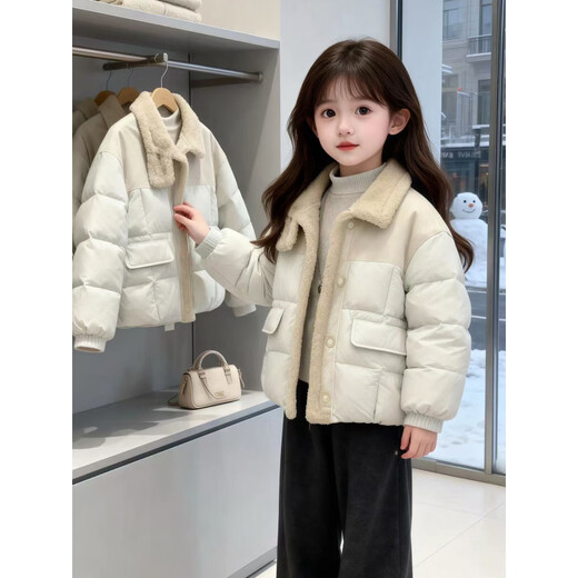 HAL.DUCK Down Jacket Girls' Jacket Autumn and Winter 2026 New Children's Western Style Fur One-piece Warm Jacket Casual Korean Style Cotton Jacket Black 130 cm