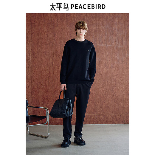 PEACEBIRD Men's Black Round Neck Sweater Winter Soft Knit Sweater B1EBE4242 Black 1 M