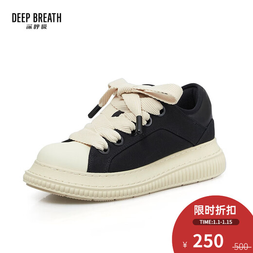 DEEP BREATH深呼吸女鞋轻便低帮绑带休闲舒适帆布面包鞋AX12244 黑米 35