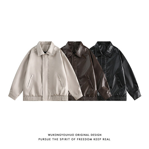 Zuoxu trendy brand solid color motorcycle jacket for men and women American street loose and versatile PU leather jacket Maillard jacket spring and autumn black M