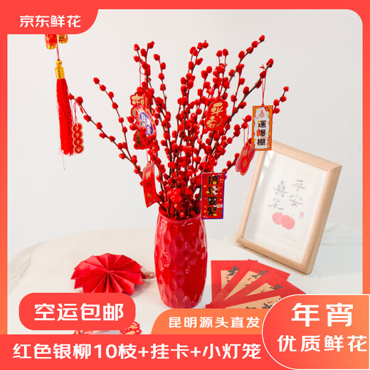 Jingdong Flowers New Year's Eve Red Silver Willow Cut Branches Home Decoration 10 Branches (50CM) Free Hanging Card + 2 Lanterns Directly from the Source