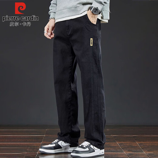 Pierre Cardin jeans men's autumn and winter retro loose straight pants men's elastic casual long pants black regular 32