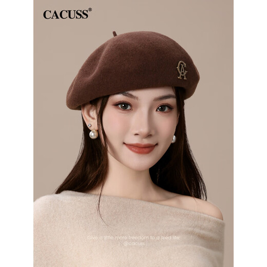 CACUSS pure wool beret hat for women in winter new style retro large head circumference painter's hat elegant and warm to show face small beige_ sweet and elegant one size fits all (58-60cm)