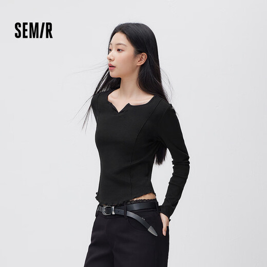 Semir long-sleeved T-shirt for women spring short solid color right shoulder fungus lace inner split tight slimming top black 90001 S
