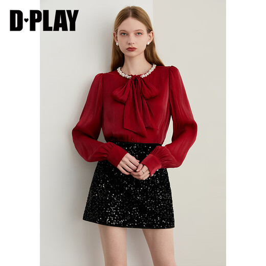 DPLAY Pearlescent Star Series 2025 Winter New Red Shirt Women's Pearl Bow Top Jam Red S