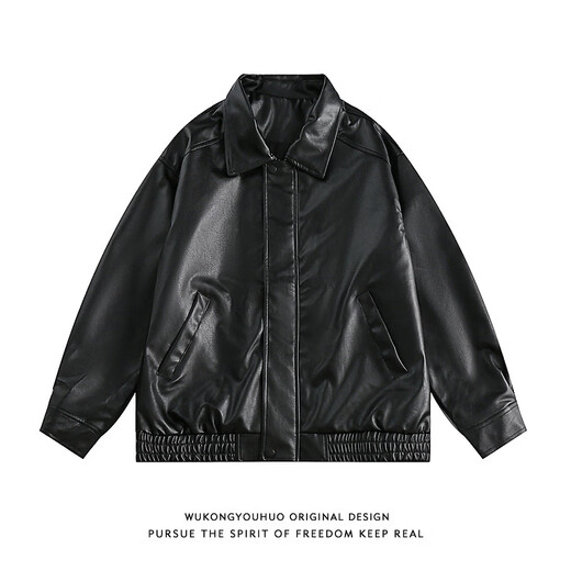 Zuoxu trendy brand solid color motorcycle jacket for men and women American street loose and versatile PU leather jacket Maillard jacket spring and autumn black M