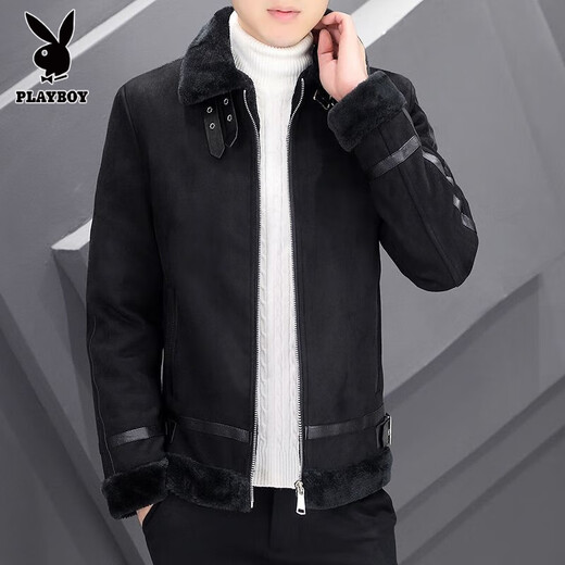 花花公子冬季外套皮衣加绒加厚保暖仿鹿皮绒外套男士潮流韩版男装外套 219灰色 L (建议100-115斤)