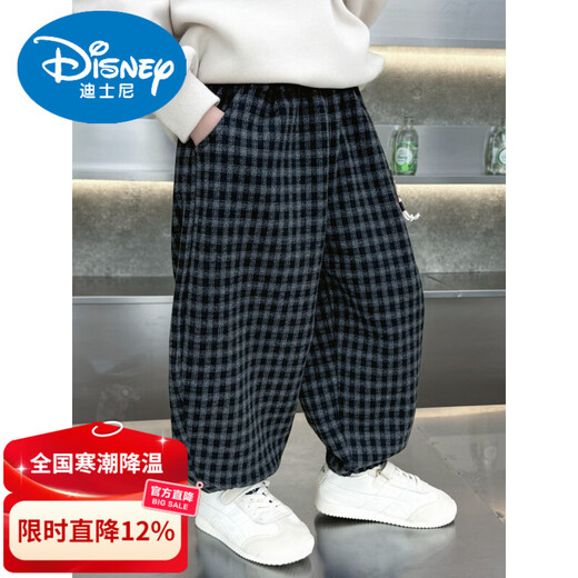 Disney boys' fleece pants autumn and winter 2026 new style children's plaid sweatpants little boys thickened casual leggings black 90 cm recommended height 81-90