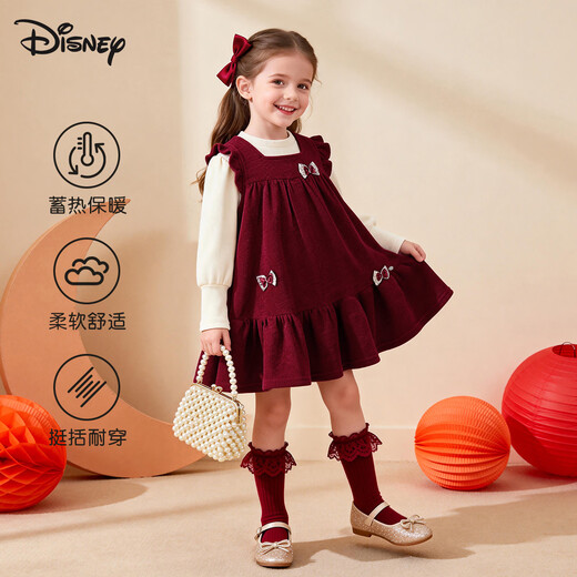 Disney (Disney) New Year Red Princess Dress Set 26 Winter Girls New Year's Clothes Plus Velvet Bottoming Shirt + Dress Two-piece Set 110