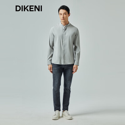 DIKENI spring new men's fashionable and easy-care Henry collar natural texture slightly wrinkled long-sleeved casual shirt light gray M (48)