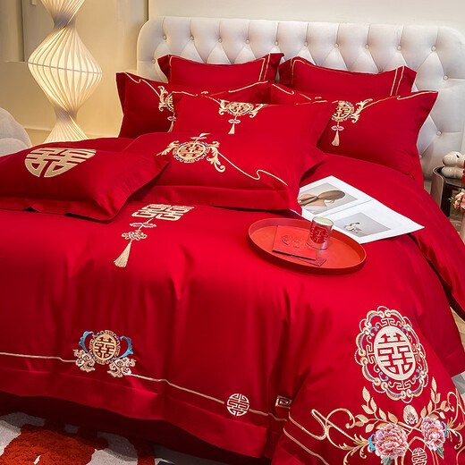 LangSha (LangSha) wedding four-piece bedding set, wedding bright red quilt, Chinese embroidery quilt cover, wedding room bed sheet, quilted bed sheet, wedding - big red - 1.5m bed sheet, four-piece set