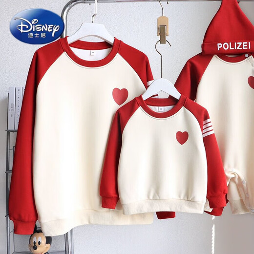 Disney (Disney) red New Year parent-child clothing for small month-old babies 2025 new autumn and winter family of three, four, mother and child, mother and daughter, whole family, love, spring and autumn style 100 Adult M size 100-120Jin Jin is equal to 0.5 kg