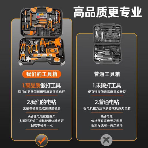 Yusenyi Tools Complete Set of Home Rechargeable Electric Drill Toolbox Complete Tool Set Hardware Multi-Function Electrician and Woodworking Repair Lucky Combination Set 68VF Brushless Impact Two Batteries and One Charge