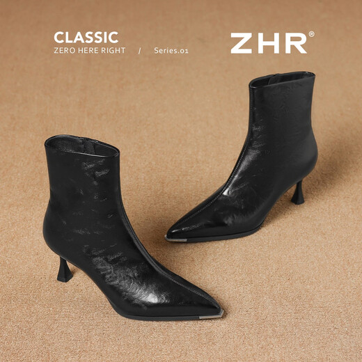 ZHR pointed toe short boots for women with velvet temperament and versatile ankle boots for women's commuter stiletto high heel boots BQ137A black 38