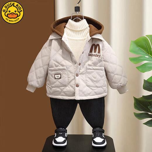 G.duck little yellow duck boys' velvet cotton coat winter 2025 new children's winter style thickened warm fashionable handsome hooded stick black 90 cm