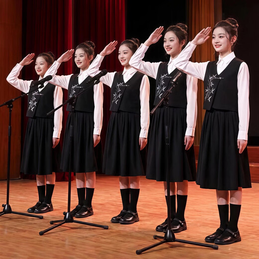 Huanshuai New Year's Day children's chorus performance costumes, primary school students' recitation and speech contest performance costumes, men's and women's Chinese style hosting ceremony, girls, long-sleeved blue shirt + vest + skirt + socks 120 cm