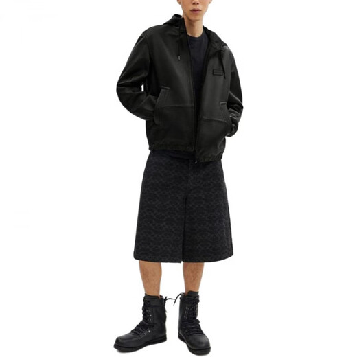 COACH SS24 solid color hooded zipper long-sleeved leather jacket men's black black 2XL