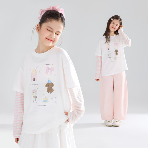 Mucmukn Frühlingsparty-Leinen + Lyocell + Baumwolle, originales, handbemaltes, bedrucktes, gefälschtes zweiteiliges T-Shirt für Mädchen, rosa und weiße Streifen, 150 cm