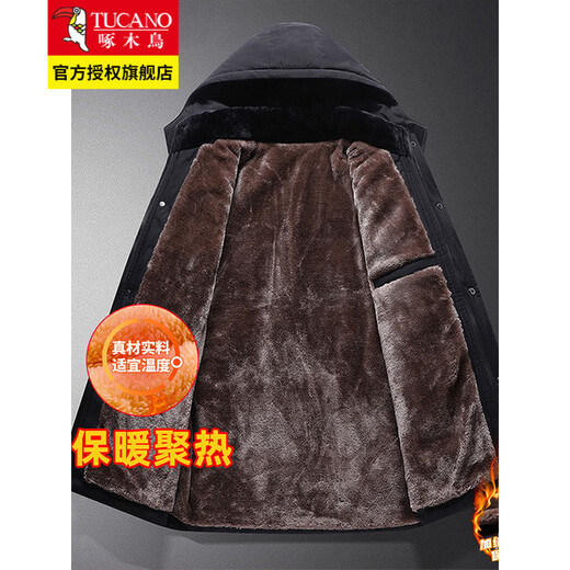 Woodpecker winter velvet thickening new dad jacket cotton jacket middle-aged and elderly men's casual warm cotton jacket dark blue velvet style 6XL recommended 200-220Jin Jin equals 0.5 kg