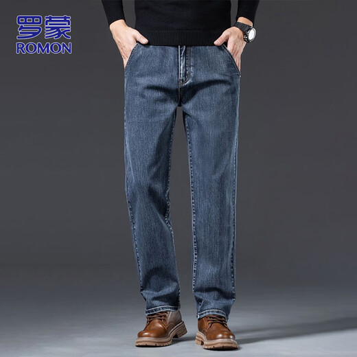 ROMON high-end jeans men's autumn and winter trendy straight pants men's loose casual men's trousers elegant gray blue 32