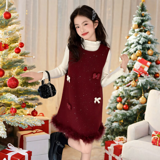 HAL.DUCK Girls New Year Clothes Fashionable Autumn and Winter Woolen Skirt 2026 New Children's Red Velvet Vest Dress Medium Large Single Red Vest Skirt 120 cm