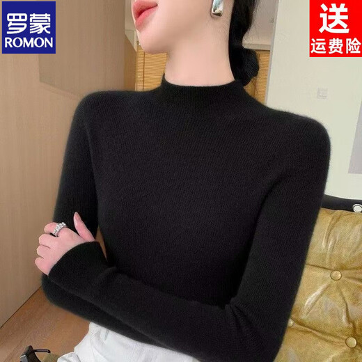 ROMON Winter Cardigan Women's Half Turtle Collar Slim Fit Inner Sweater One-line Seamless Pullover Long-Sleeved Knitted Bottoming Sweater Slim Black S 80-95Jin Jin is equal to 0.5 kg