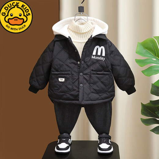 G.duck little yellow duck boys' velvet cotton coat winter 2025 new children's winter style thickened warm fashionable handsome hooded stick black 90 cm