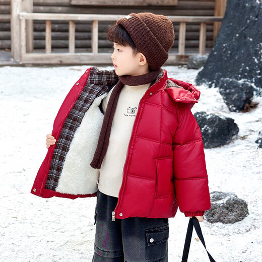 HAL.DUCK Down Jacket Boys' Plush Cotton Jacket Winter Clothes New Handsome Children's Thickened Cotton Clothes Winter Boys' Warm Cotton Cotton Clothes Style Red Cotton Clothes Jacket (Fleece Style) 130 cm