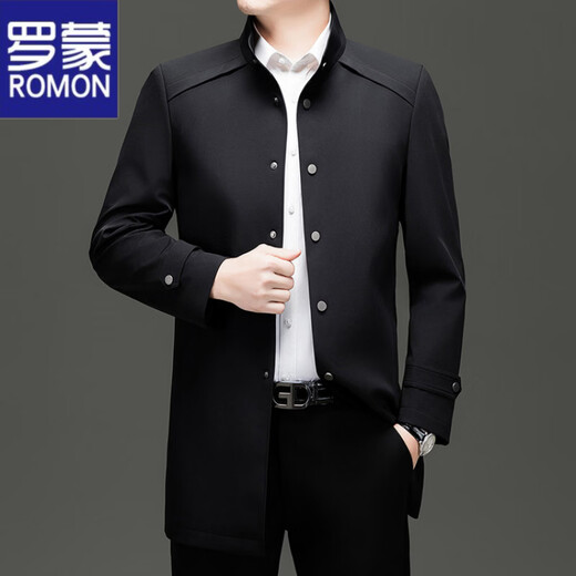 ROMON high-end men's mid-length windbreaker spring and autumn middle-aged and elderly dad wear business casual jacket jacket men's top F17 black XL
