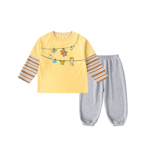 Dudujia Boys Spring Casual Suit Children's Fake Two-piece Long-sleeved Spring Clothes Girls Loose Outdoor Pants Children's Clothing Two-piece Set Creamy Yellow 80