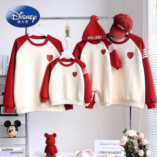 Disney (Disney) red New Year parent-child clothing for small month-old babies 2025 new autumn and winter family of three, four, mother and child, mother and daughter, whole family, love, spring and autumn style 100 Adult M size 100-120Jin Jin is equal to 0.5 kg