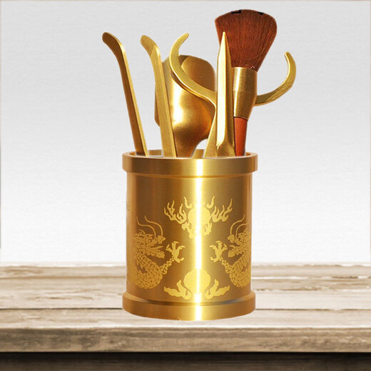 Pu'an Brass Six Gentlemen Set Raising Pot Pen Tea Clip Tea Spoon Tea Cylinder Pu'er Tea Knife and Fork 6 Gentlemen Kung Fu Tea Ceremony Accessories Thickened Double Dragon Opera Zhu Six Gentlemen