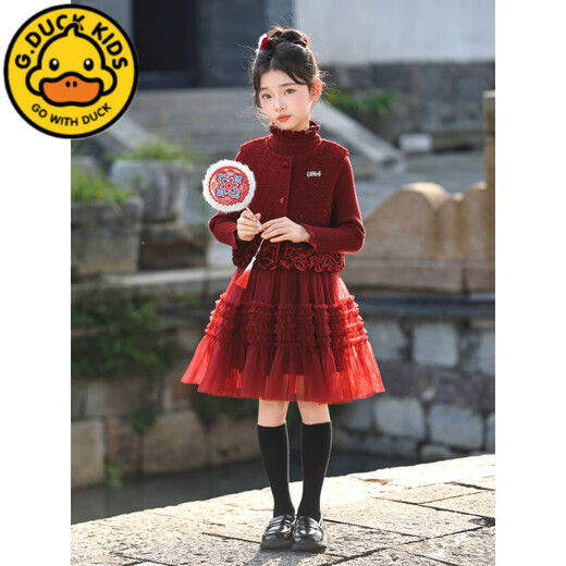 G.duck girls dress New Year's greetings Chinese style red New Year's clothes children's autumn and winter plus velvet new Chinese Hanfu suit red suit vest + dress 100