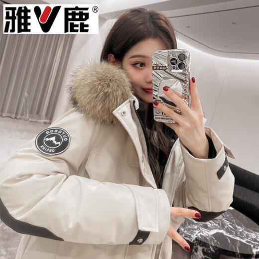 雅鹿男女中长款冬季新款大毛领户外加厚工装极寒派克服外套 燕麦色女 黑色女款 S 建议90-110斤