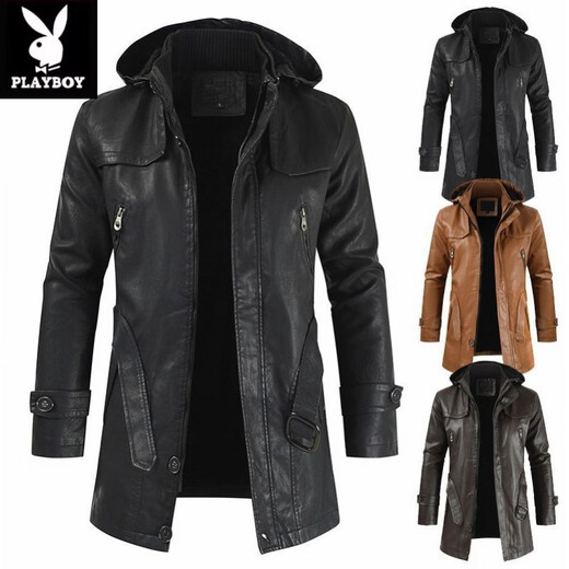Playboy (PLAYBOY) high-end mid-length men's leather jacket Korean style new youth large size hooded PU leather windbreaker men's jacket brown XL