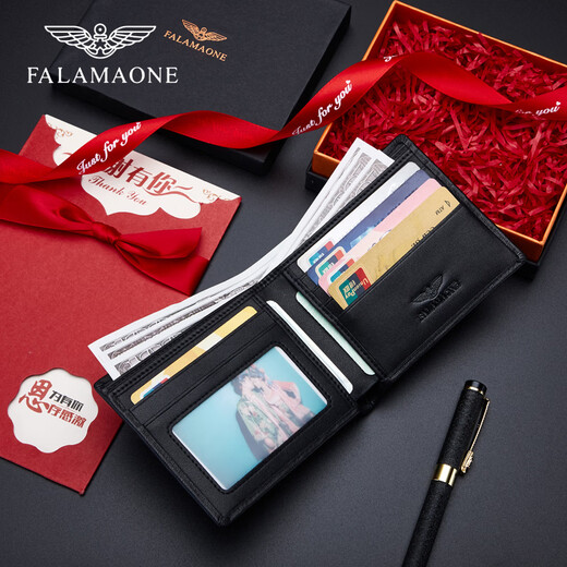 FALAMAONE Men's Wallet Men's Short Genuine Leather High-end Wallet Valentine's Day Light Luxury Leather Wallet Birthday Gift for Boyfriend and Husband Black (Counter Gift Box)