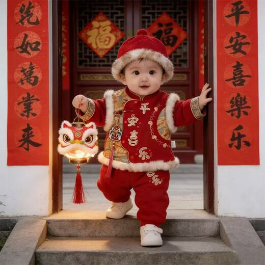 Hongyile baby clothes, winter clothes, one-year-old dress, baby winter jumpsuit, Chinese style New Year's greeting suit, full moon and 100th day New Year's wear, safe and happy thickened jumpsuit + vest (without hood) 100cm 15-18 months 25-28Jin Jin equals 0.5 kg