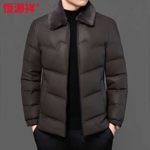 Hengyuanxiang Men's New Autumn and Winter Thick Casual Down Jacket 90 White Duck Down Middle-aged Warm Fur Collar Jacket Brown M 170