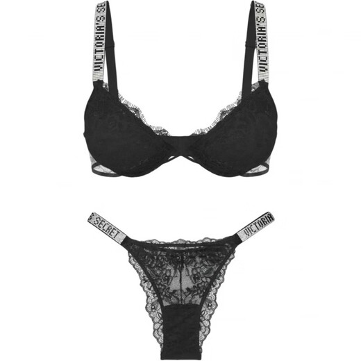 Victoria's Secret Rhinestone Logo Straps 3/4 Cup Bra Low Waist Thong Underwear Set Women's Suit (Black) M 36B+(80B+M)