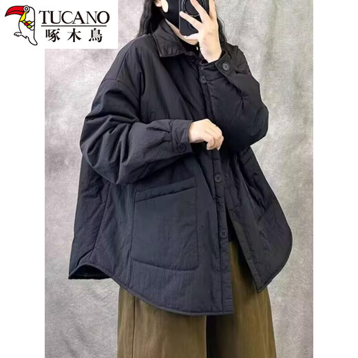 Woodpecker's late green European goods quilted thickened shirt women's winter cotton-padded inner layer casual warm cotton jacket black L recommended 120Jin Jin equal to 0.5 kg or less