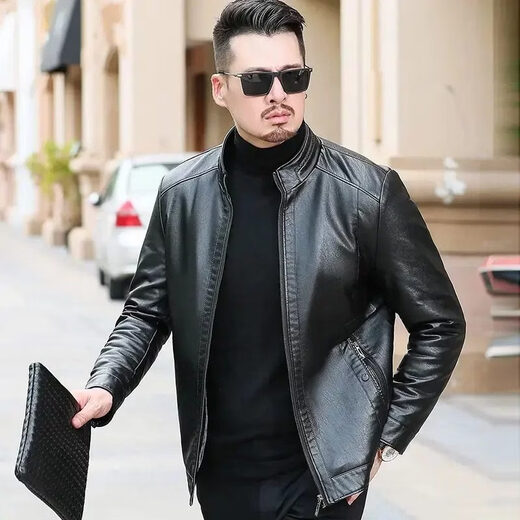 Dingyuan Xiaohuo Men's Winter Leather Jacket Casual Versatile Stand Collar Middle-aged Dad Motorcycle Jacket Jacket Plus Velvet Stand Collar Black - (Stand Collar Leather Jacket) Plus Velvet M 170_95-115Jin Jin is equal to 0.5 kg