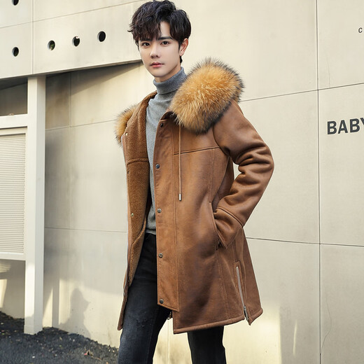 CHEVALPES international first-line brand 2025 new style parka men's fur all-in-one mid-length leather jacket wool lining fur outer brown L