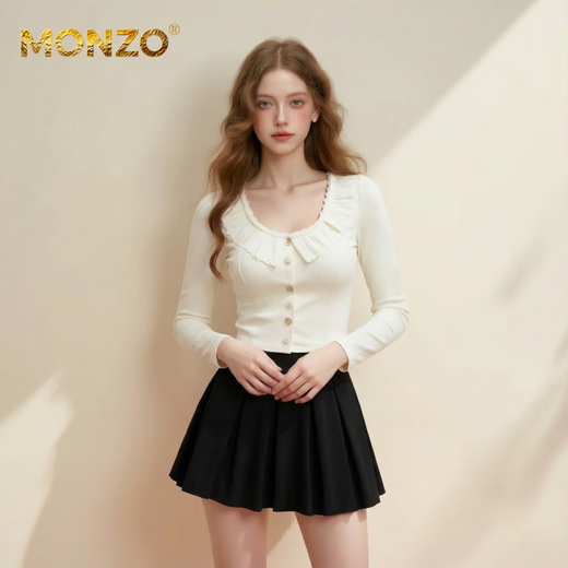 MONZO international high-end brand original design sweet style white long-sleeved fungus-edged sweater for women with buttons, slim and versatile, white S