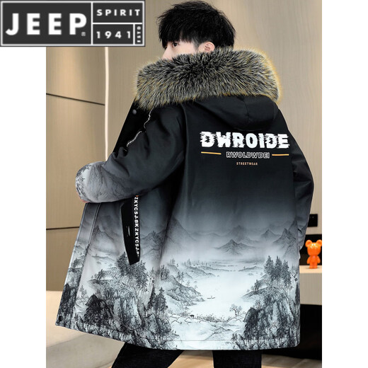 JEEP SPIRIT冬季派克服男士冲锋衣加绒加厚夹克男冬装棉服中长款风衣保暖外套 黑色【加 绒加 厚】 4XL 【180-200斤】