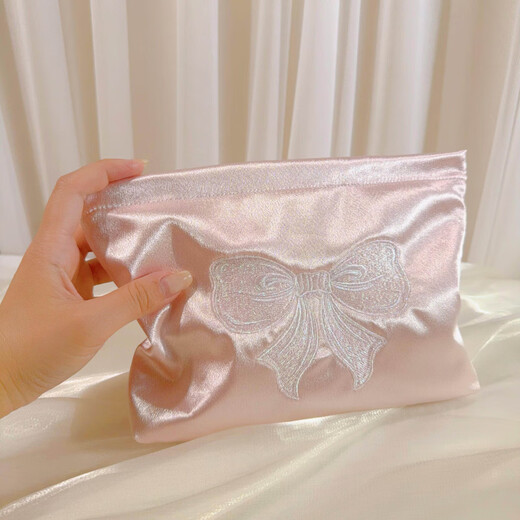 Shijanu ins small fresh embroidered bow cosmetic bag, portable and large-capacity liner bag storage bag embroidered bow glitter powder (medium size)