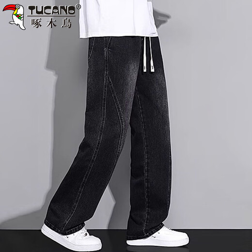 Woodpecker (TUCANO) jeans men's spring and summer loose casual scimitar pants men's trendy straight wide-leg trousers black M