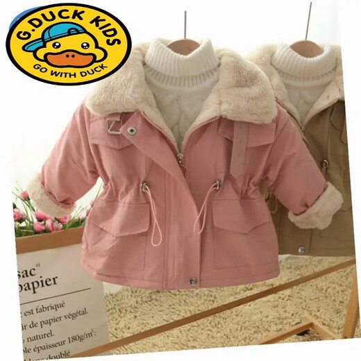 G.duck girls' cotton-padded coat, western style autumn and winter style girl's pie jacket, children's velvet thickened mid-length waist-cinching cotton-padded coat, khaki elastic waist style 80 cm, suitable for 75cm-85cm