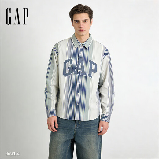 Gap Gap men's and women's 2026 spring new pure cotton logo embroidered striped loose lapel long-sleeved shirt 854176 blue and white stripes S (165/88A) Asian size