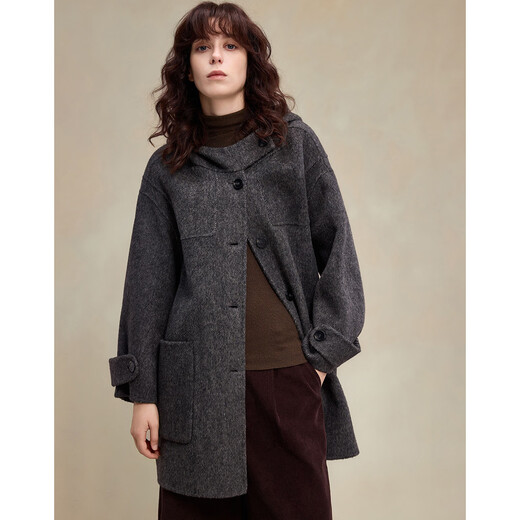 Demana Sheep Wool Camel Blended Winter Urban Simple Quiet Luxury Hooded Stand Collar Loose Double-sided Wool Coat